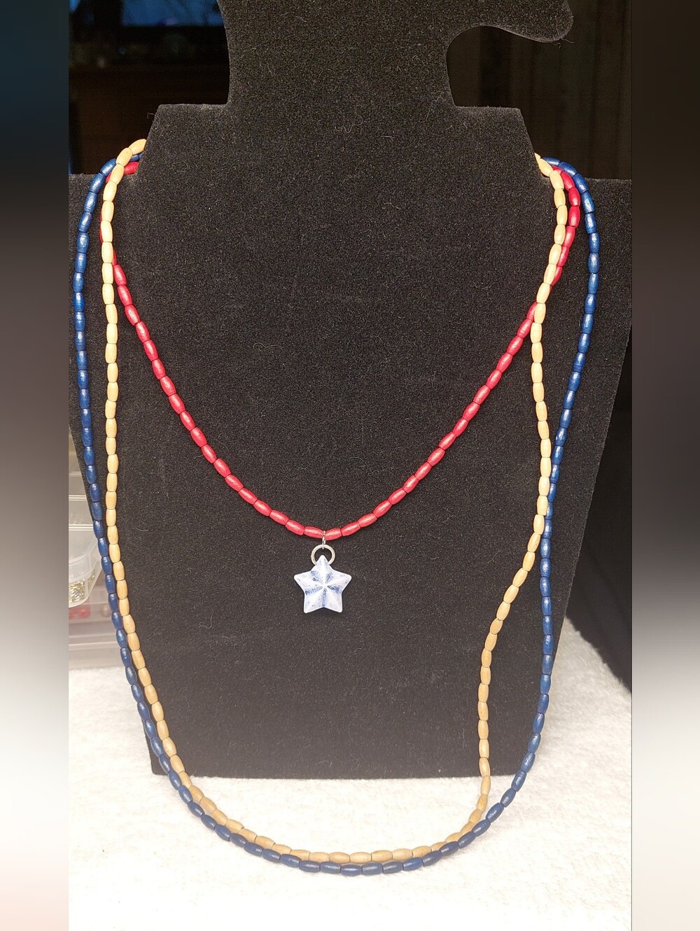 Handmade Patriotic Red, Blue & Tan Wood Beaded Necklace Set with Star Charm